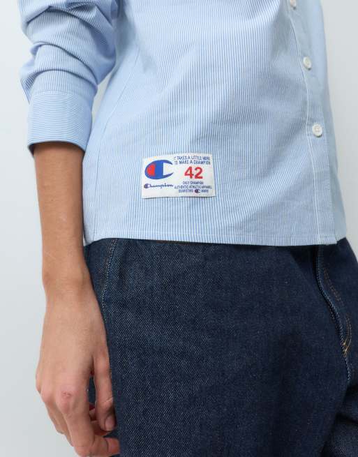Champion camisa abotonada con estampado trasero a rayas azules, 5 de 5
