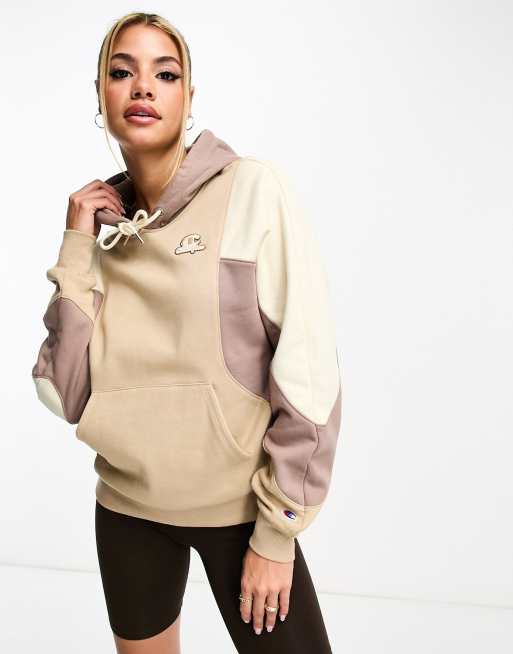 Champion color block hoodie in brown and cream