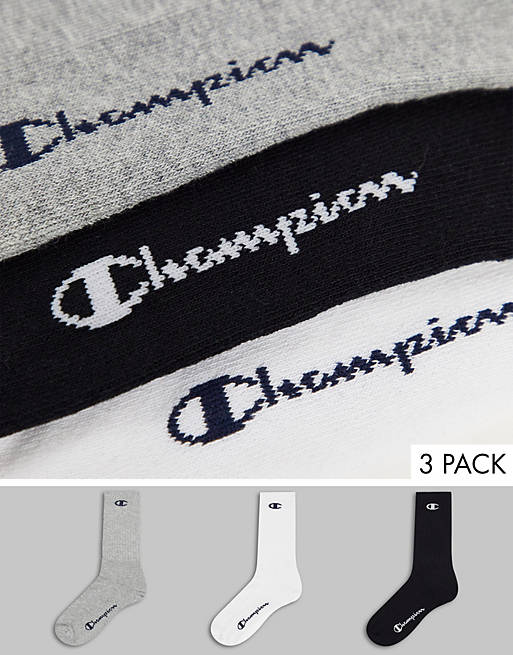 Champion – Crew-Socken mit Logo in Schwarz/Grau/Weiß im 3er-Pack | ASOS