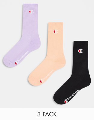 Champion crew socks in black peach purple 3 pack