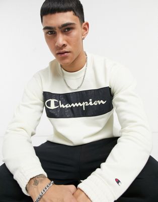Champion crewneck sweatshirt in off white and navy | ASOS
