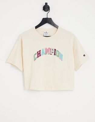 Champion cropped boxy t-shirt with logo in tan