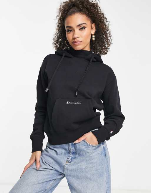 Champion - Cropped hættetrøje med logo i sort