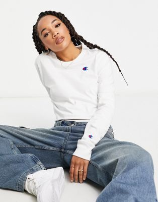 Champion cropped long sleeve top with small logo in white