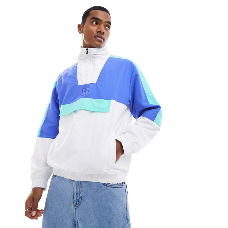 Champion Felpa bianca e blu color block con zip corta ASOS