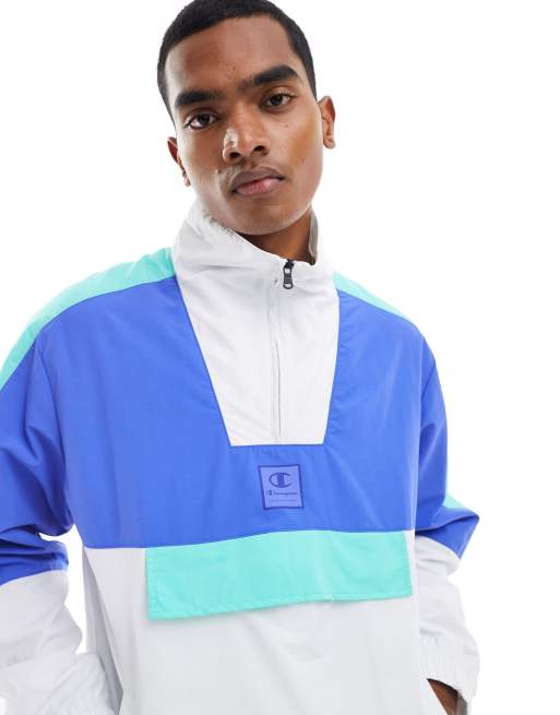 Champion Felpa bianca e blu color block con zip corta ASOS