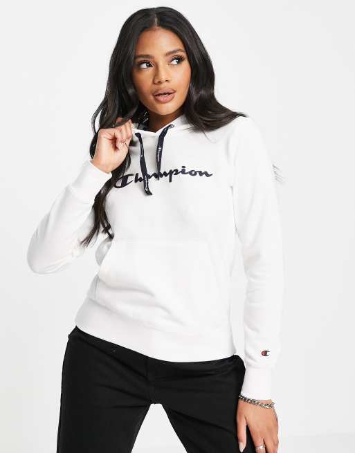 Champion - Felpa con cappuccio e logo grande, colore bianco