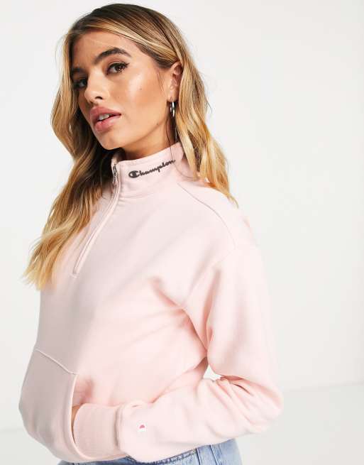 Champion - Felpa rosa con logo e zip corta, 2 di 4