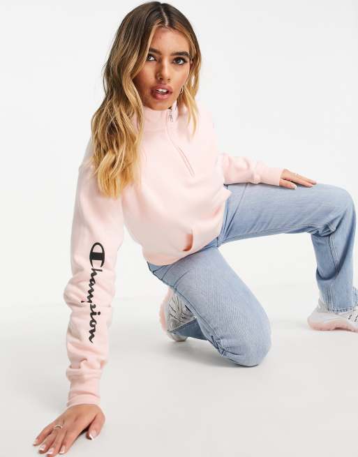 Champion - Felpa rosa con logo e zip corta, 3 di 4