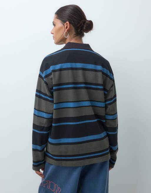 Champion Future Memories striped long sleeve polo shirt in khaki, 4 of 4