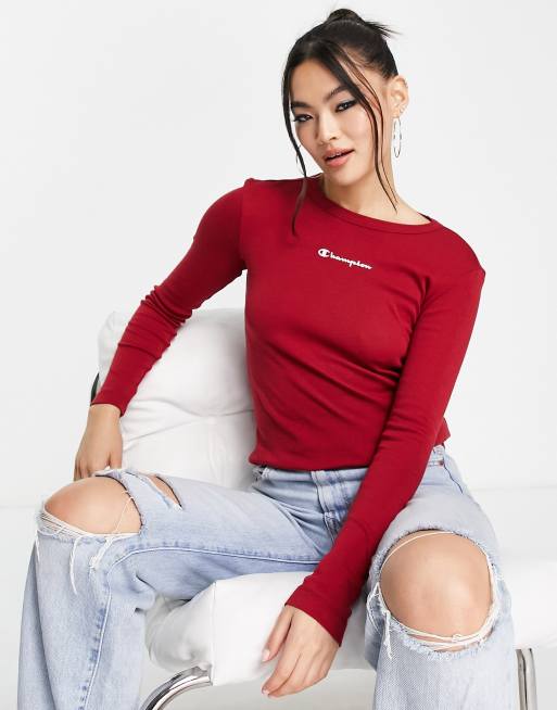 Champion - Geribbeld T-shirt met lange mouwen en klein logo in rood