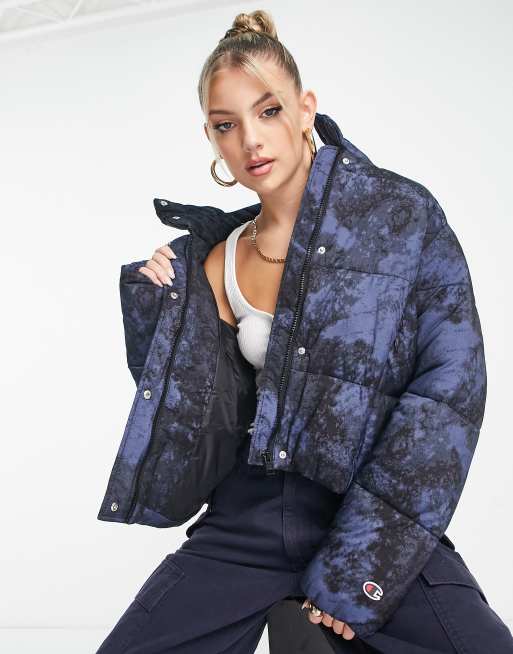 Champion - Gewatteerd jack met marmerprint in zwart en marineblauw