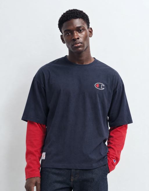 Champion långärmad t-shirt med dubbelt lager och rund halsringning i marinblå, 8 av 9