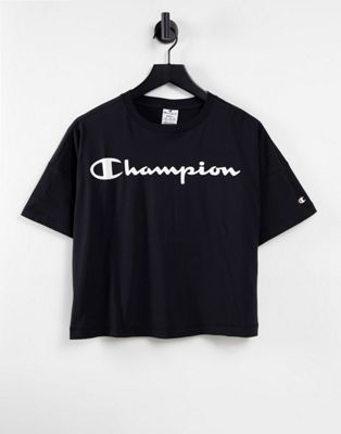 Champion large logo boxy crop t-shirt in black - ASOS Price Checker