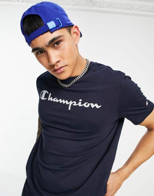 udslæt komplikationer græsplæne Champion large script chest logo t-shirt in navy | ASOS