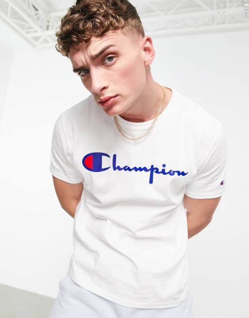 Ark Karu Indien Champion large script logo t-shirt in white | ASOS