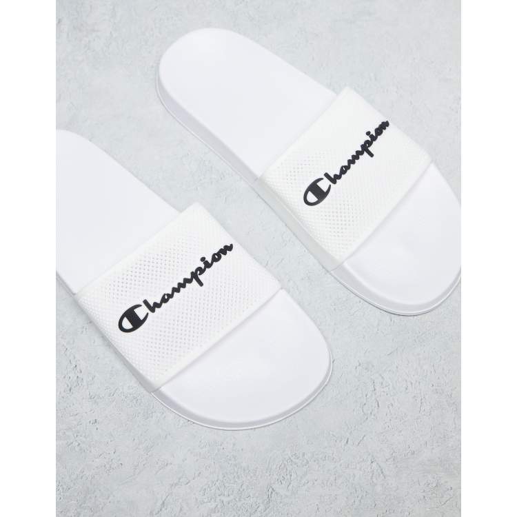 Champion slides white sale with logo all over