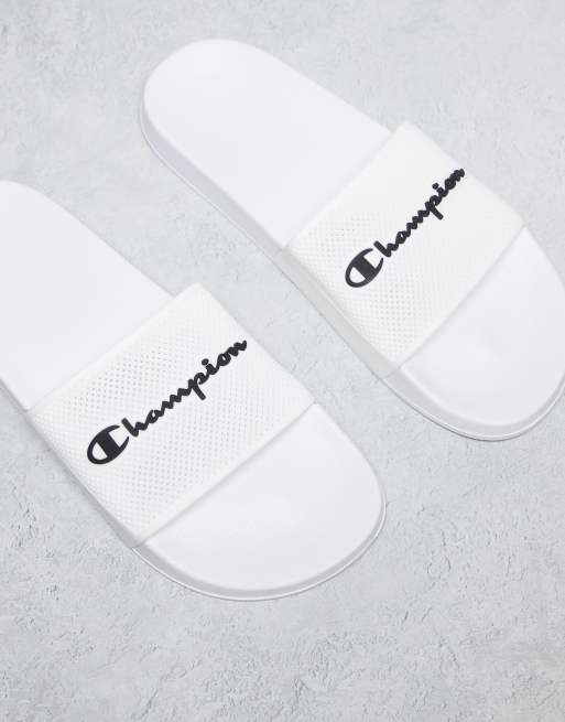 Champion slides white cheap with logo all over