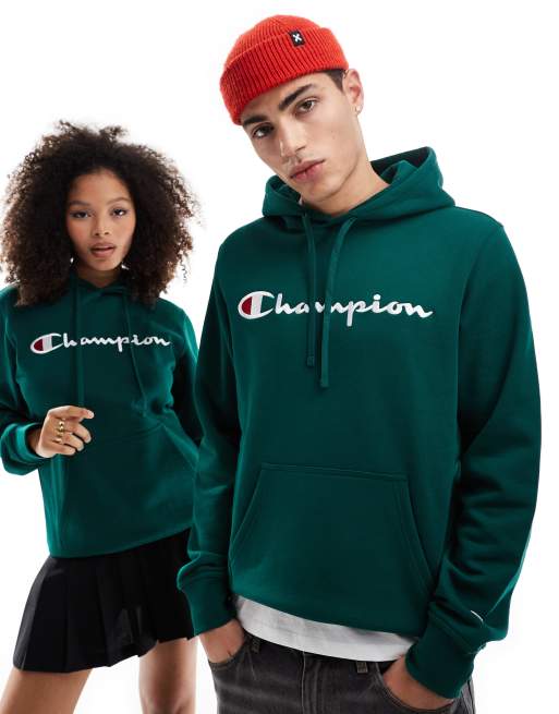 Champion Legacy Felpa unisex verde con cappuccio e logo al centro ASOS