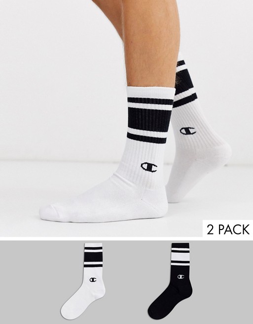 Champion Logo Band crew socks 2 pack in black/white