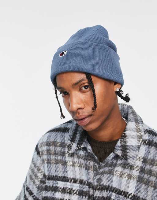 Champion logo beanie in blue ASOS