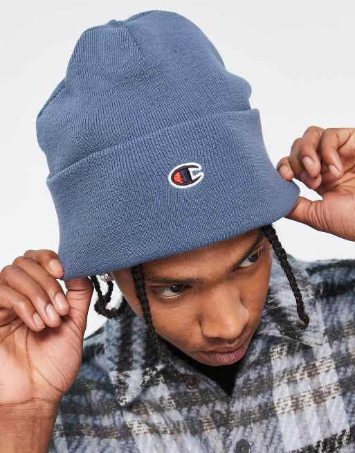 Champion logo beanie in blue ASOS