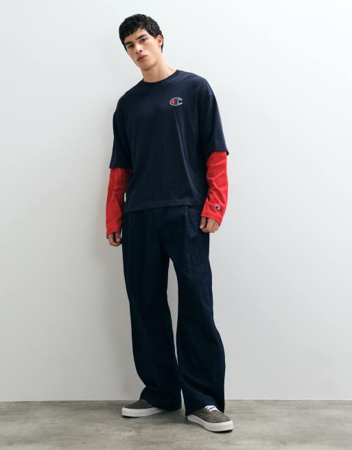 Champion long sleeve double layer crewneck t-shirt in navy, 2 of 9