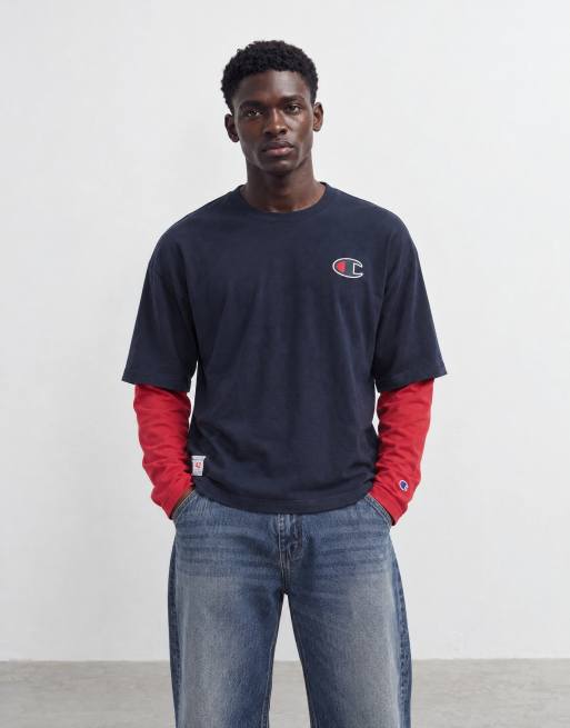 Champion long sleeve double layer crewneck t-shirt in navy, 6 of 9