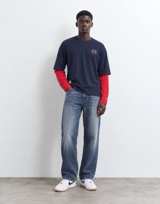 Champion long sleeve double layer crewneck t-shirt in navy, 9 of 9