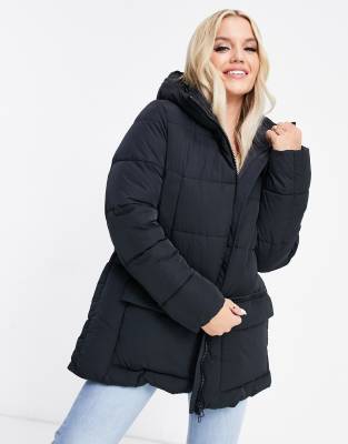 Champion longline puffer jacket with logo hood in black | ASOS