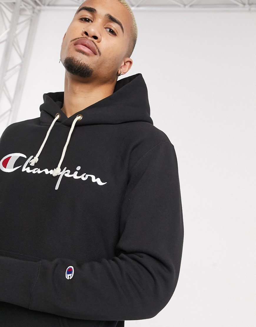 Champion - Omgekeerd geweven hoodie zonder sluiting met groot logo in zwart