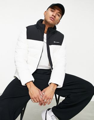 Champion puffer jacket with small logo in black and white