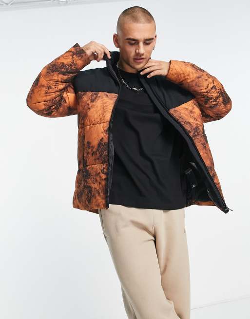 Champion – Pufferjacke in Orange und Schwarz mit kleinem Logo