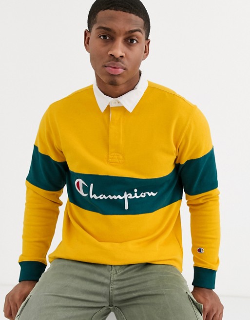 Champion Reverse Weave big script long sleeve polo shirt in yellow
