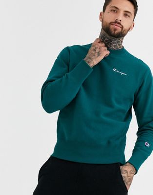 Champion – Reverse Weave – Blågrön sweatshirt med rund halsringning och liten text