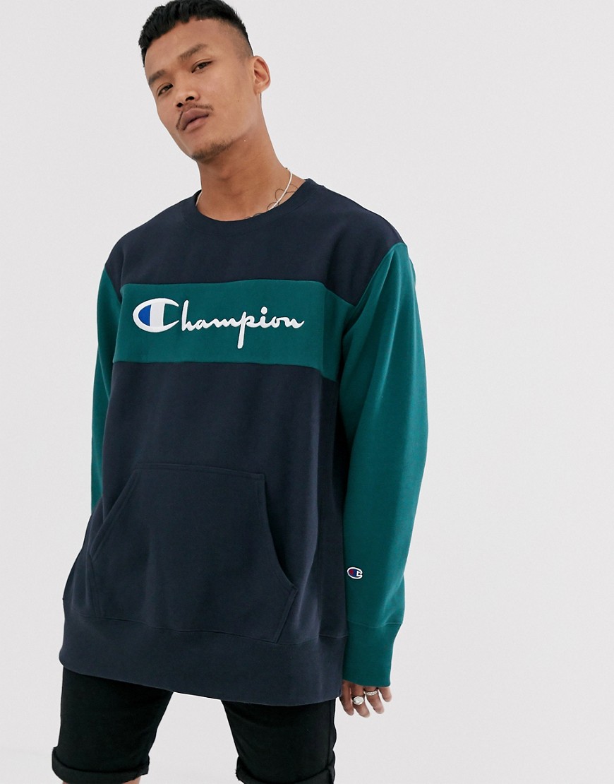 Champion – Reverse Weave – Blockfärgad sweatshirt i marinblått/turkost med rund halsringning