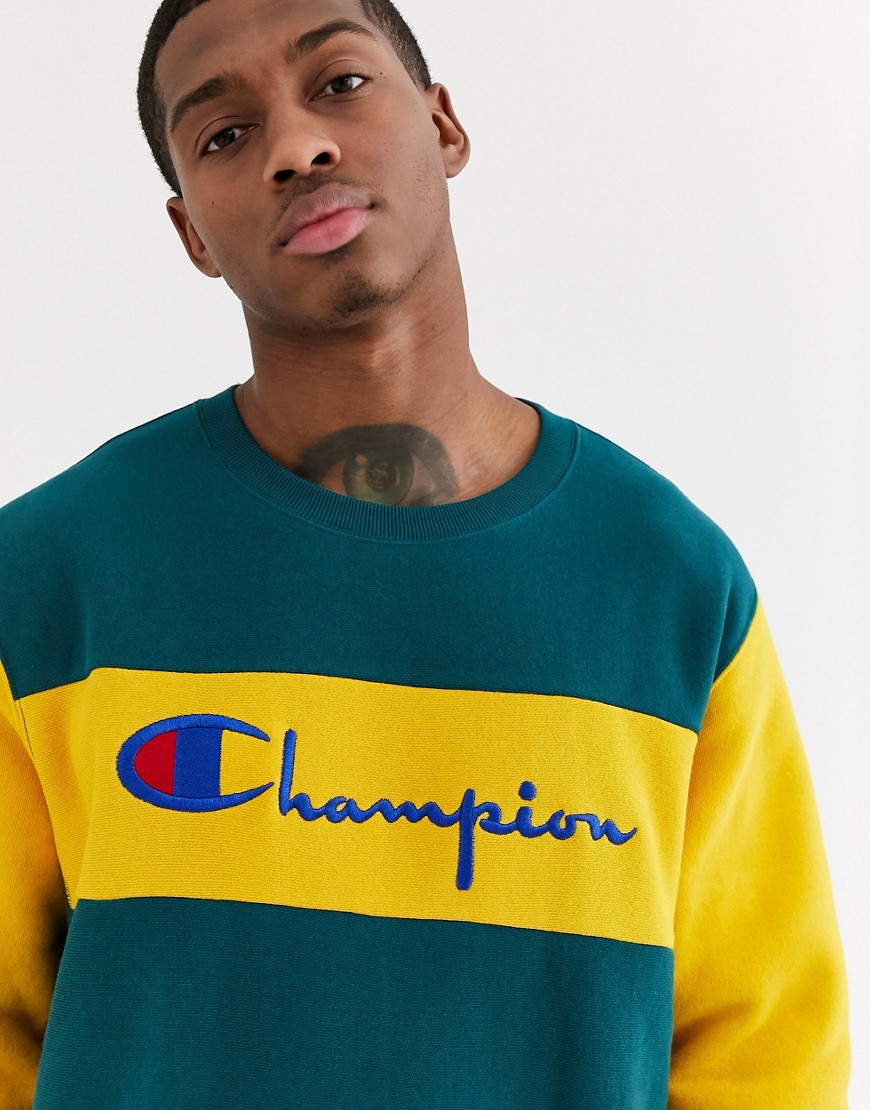 Champion - Reverse Weave - Farveblok sweatshirt i teal/gul med rund hals-Blå