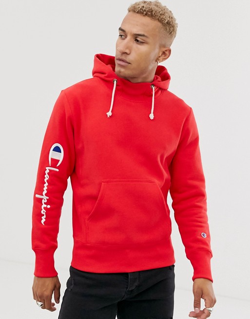 Champion Reverse Weave mock neck hoodie in red | ASOS