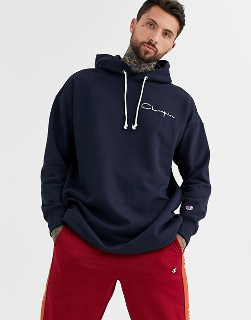 Champion Reverse Weave oversized 100 year logo hooded sweatshirt in navy