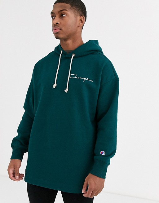 Champion Reverse Weave oversized 100 year logo hooded sweatshirt in teal