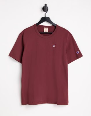 Champion Reverse Weave small logo t shirt in burgundy ASOS