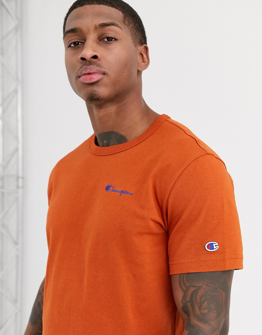 Champion Reverse Weave small script crewneck t-shirt in orange-Tan
