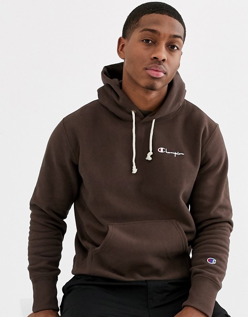Champion Reverse Weave small script hooded sweatshirt in brown