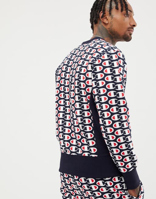 Champion reverse weave sweatshirt with all over print in navy | ASOS