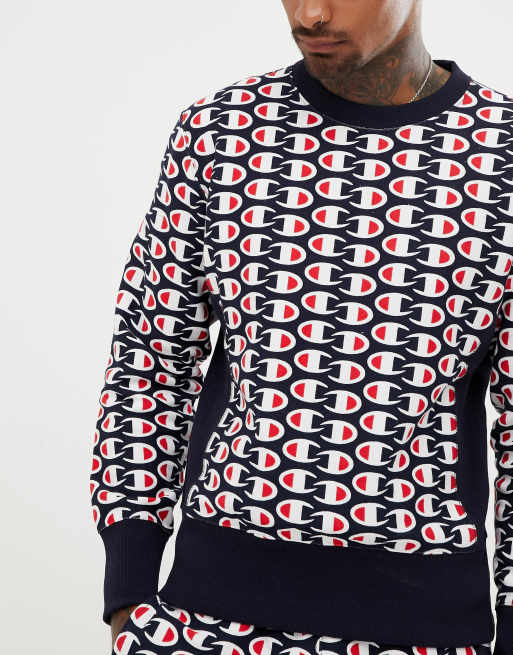 Champion reverse weave sweatshirt with all over print in navy | ASOS