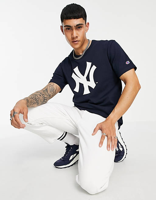 Champion Reverse Weave Yankees t-shirt in navy