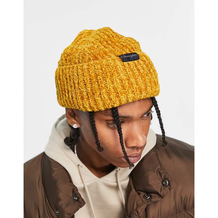 Champion ribbed small logo beanie in yellow ASOS