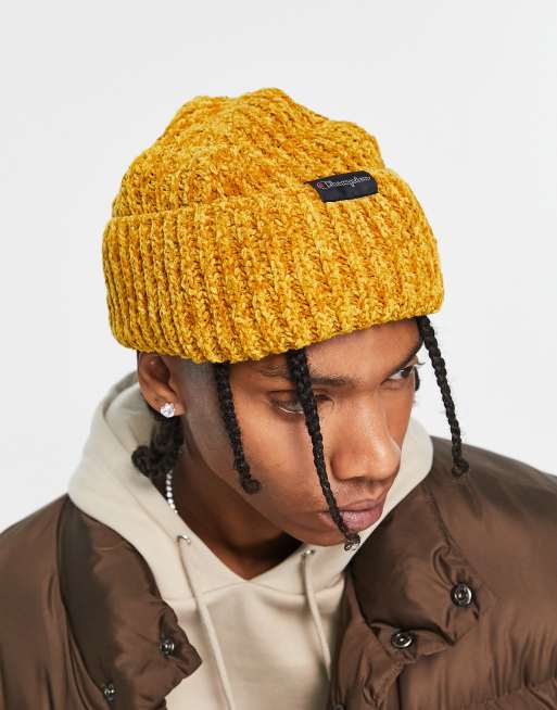 Champion ribbed small logo beanie in yellow ASOS