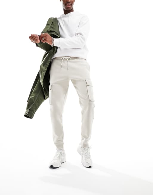 Champion - Ribstrikkede beige cargo-joggingbukser med tætsiddende kanter
