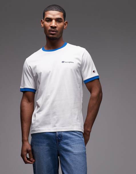 Champion – Ringer-T-Shirt in Weiß und Blau - view 1